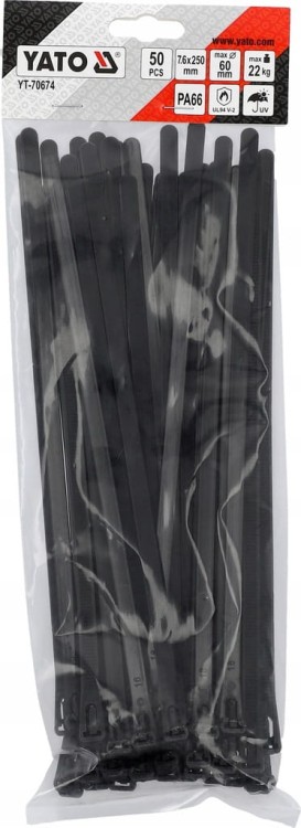 YATO OPASKI PLASTIKOWE ZACISKOWE ROZPINANE CZARNE 7,6x250mm 50szt. TRYTYTKI
